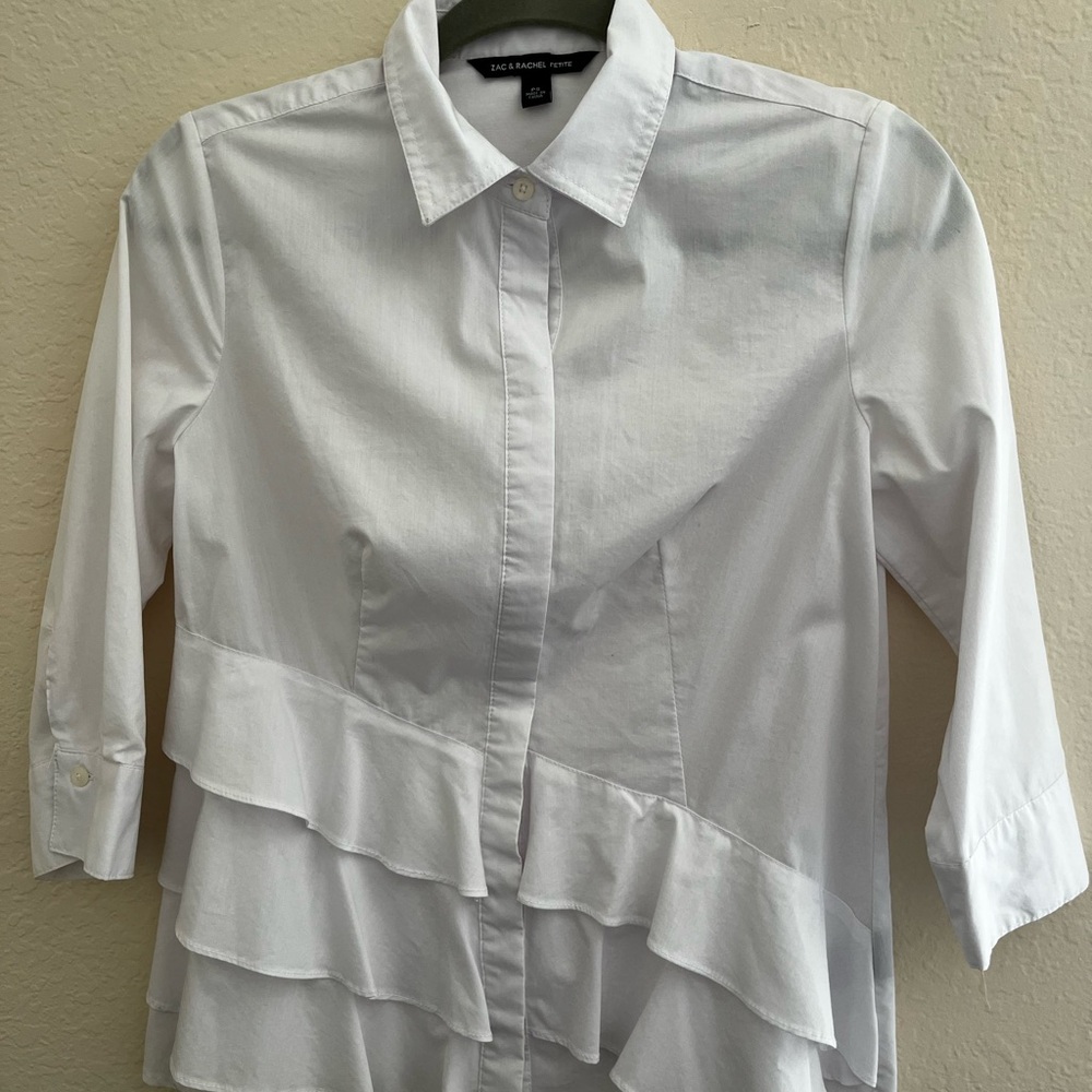Zac & Rachel White Asymmetrical Ruffled 3/4 Sleeve Blouse